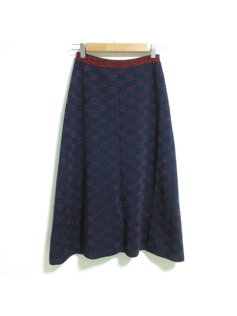 Gucci Interlocking G Glitter Knit Calfskin Length Flare Skirt Navy XS